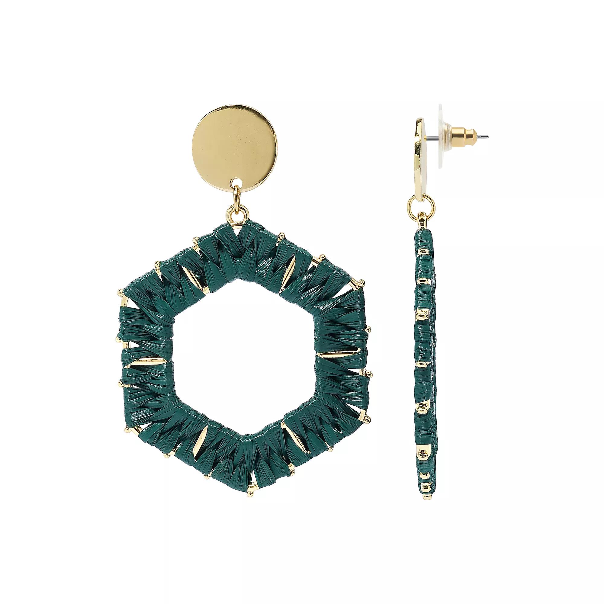 Sonoma Goods For Life® Gold Tone Green Raffia Wrapped Geometric Drop Earrings, Women's Product Image