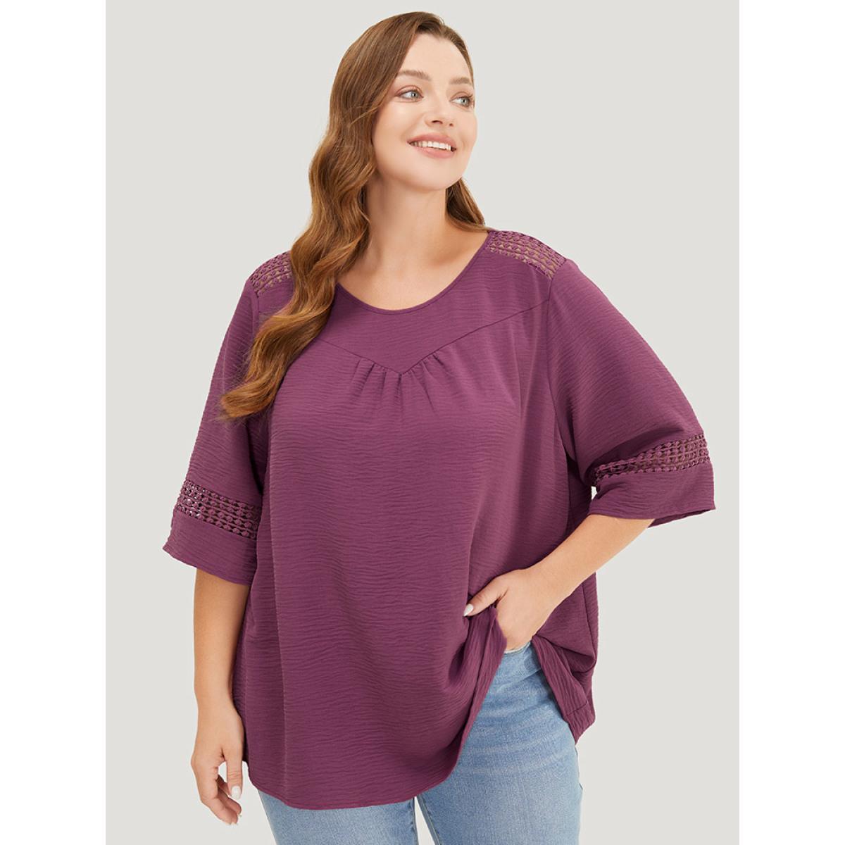 Plus Size Mauve Solid Gathered Lace Patchwork Blouse Women Elegant Elbow-length sleeve Round Neck Dailywear Blouses BloomChic 28/5X Product Image