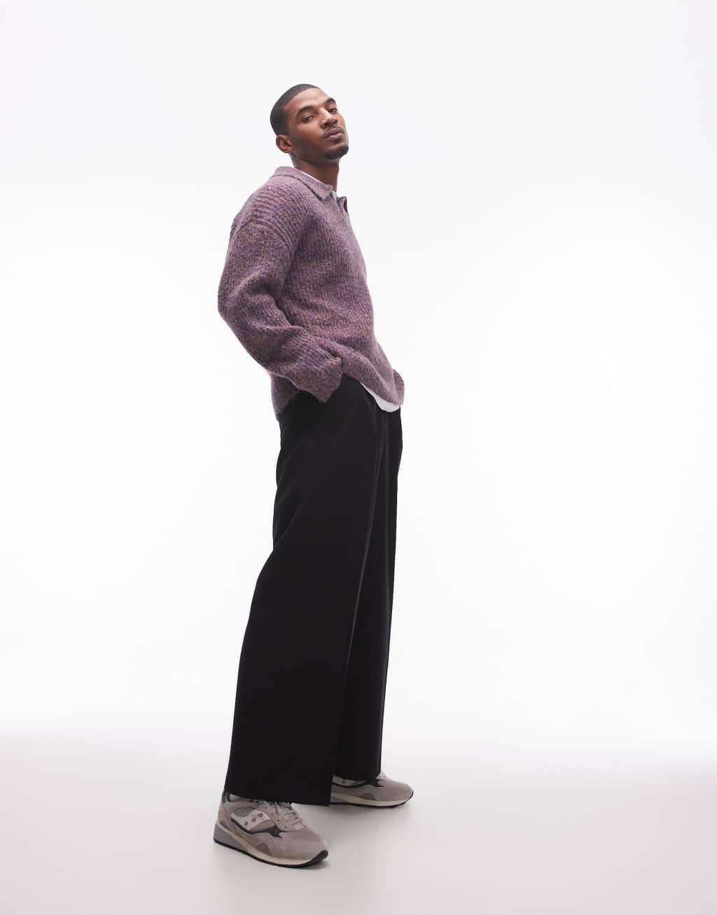 Topman relaxed open collar sweater in purple heather Product Image