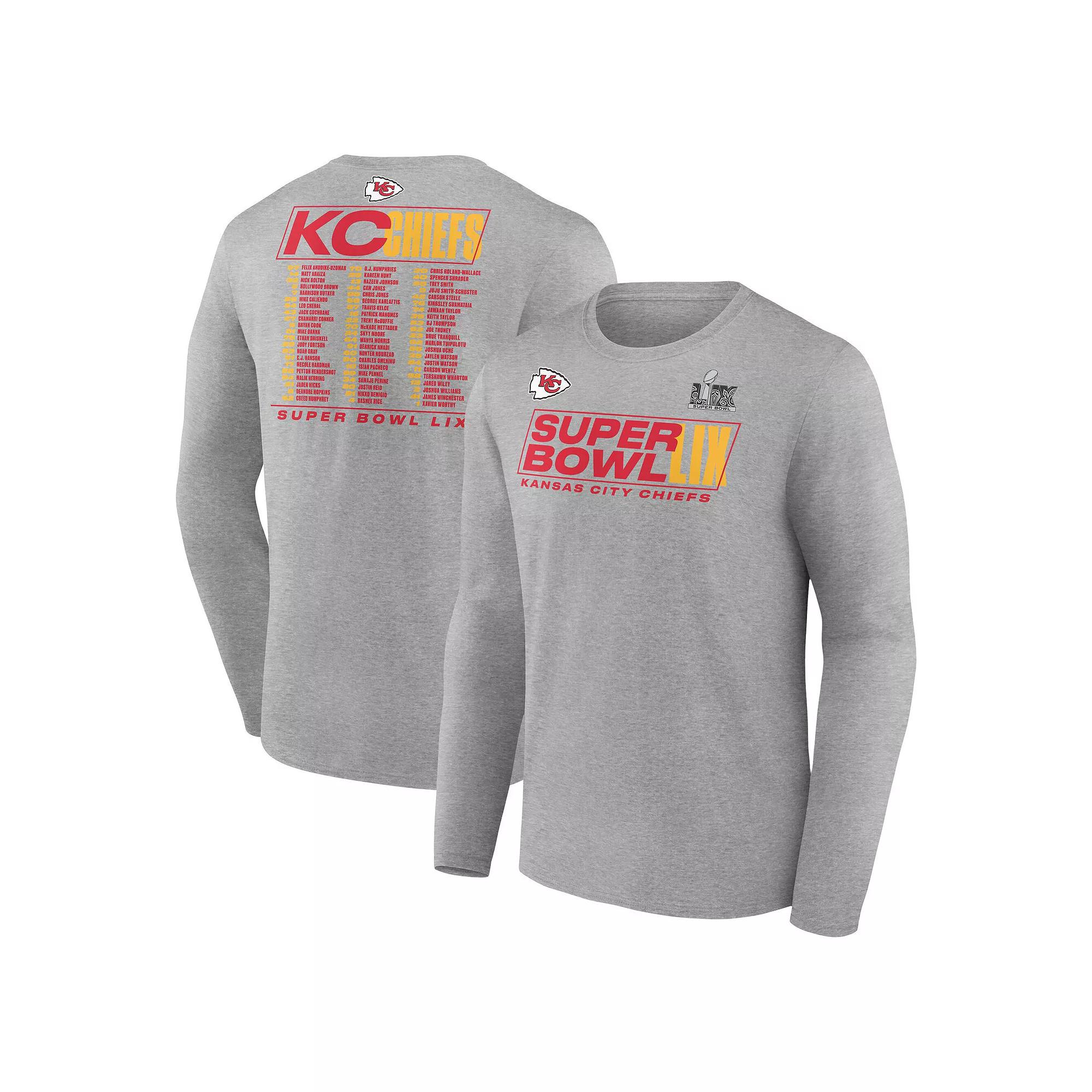 Men's Fanatics  Heather Gray Kansas City Chiefs Super Bowl LIX Big & Tall Roster Long Sleeve T-Shirt, Size: XLT, Grey Product Image
