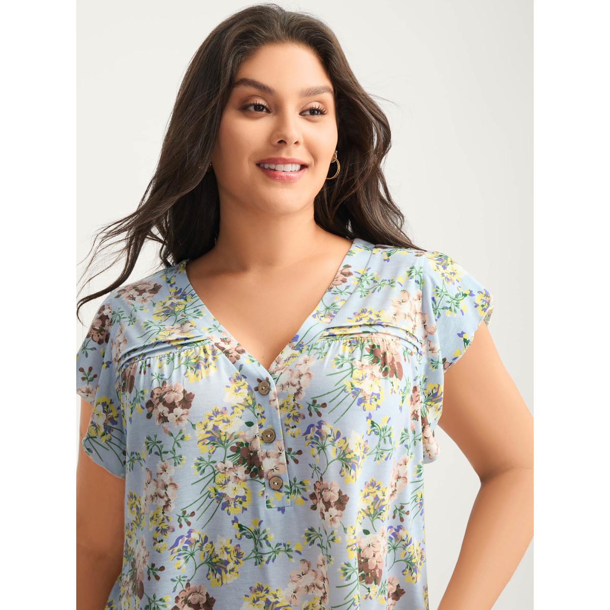 Plus Size Floral Pleated Button Detail Blouse Multicolor Women Tucked seam V-neck Everyday-Elegant T-shirts BloomChic 14-16/1X Product Image