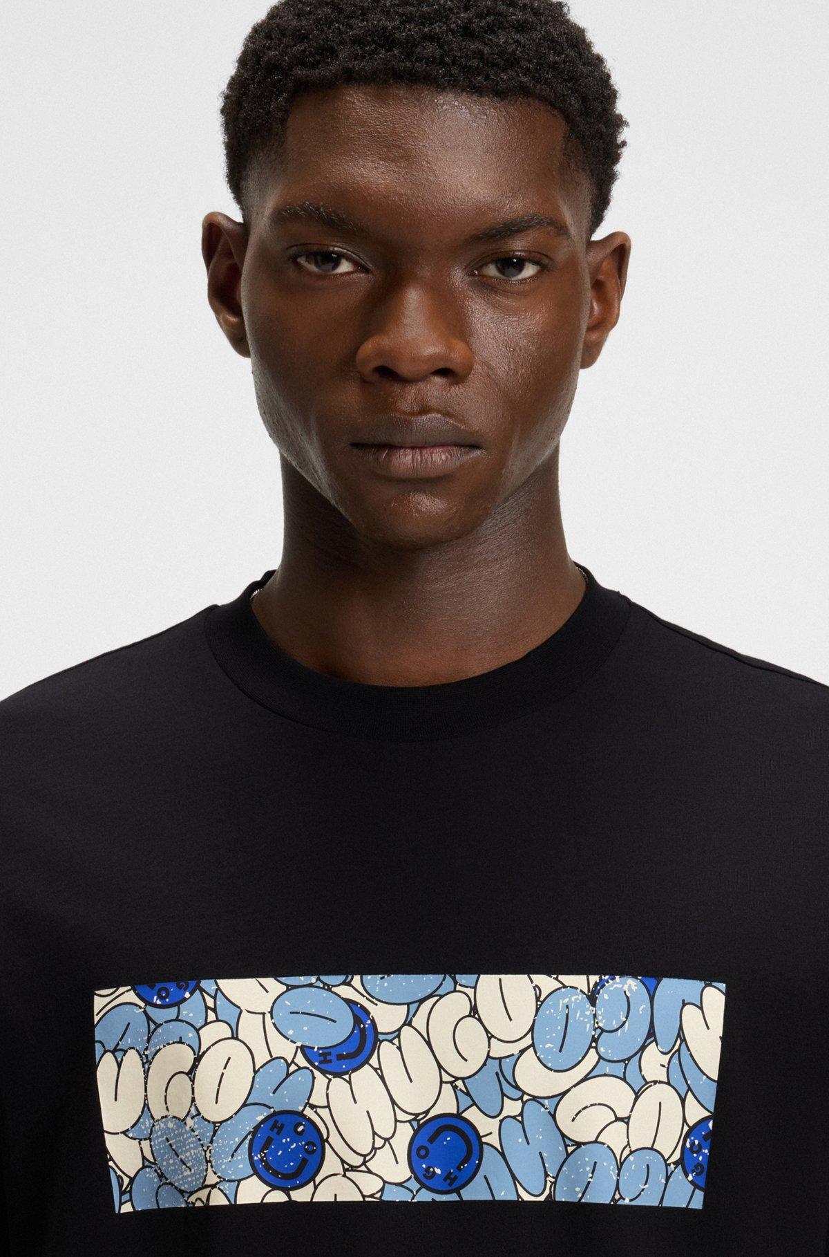 HUGO - Cotton jersey T-shirt with mixed-print logo - Black Product Image
