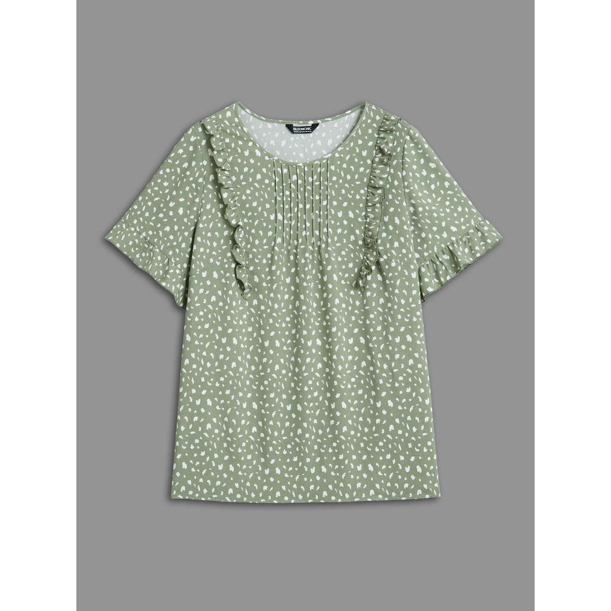 Plus Size Greenbean Ruffled Edges Pleated Floral Shirt Women Elegant Short sleeve Round Neck Everyday Blouses BloomChic 22-24/3X Product Image