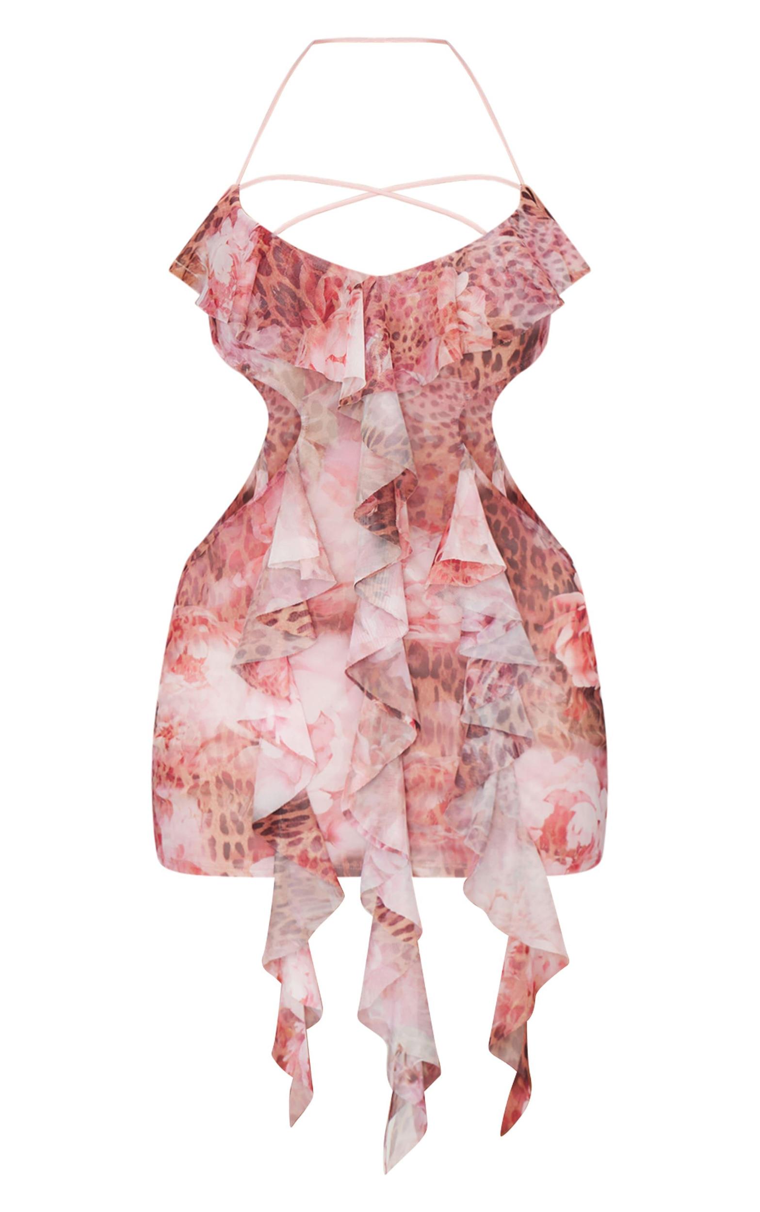 Shape Pink Mesh Printed Ruffle Open Back Halter Dress Product Image