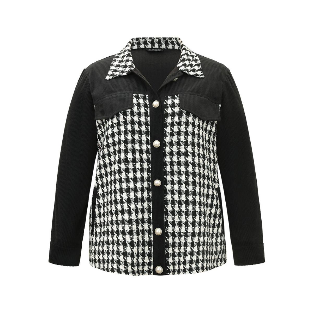 Plus Size Tweed Gingham Button Up Patchwork Pocket Contrast Coat Women Black Casual Contrast Ladies Dailywear Winter Coats BloomChic 18-20/2X Product Image