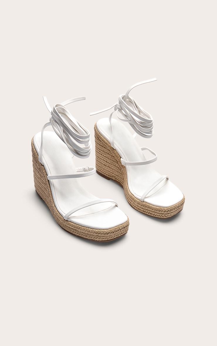 White Pu Square Toe Espadrille Lace Up High Heeled Wedges Product Image