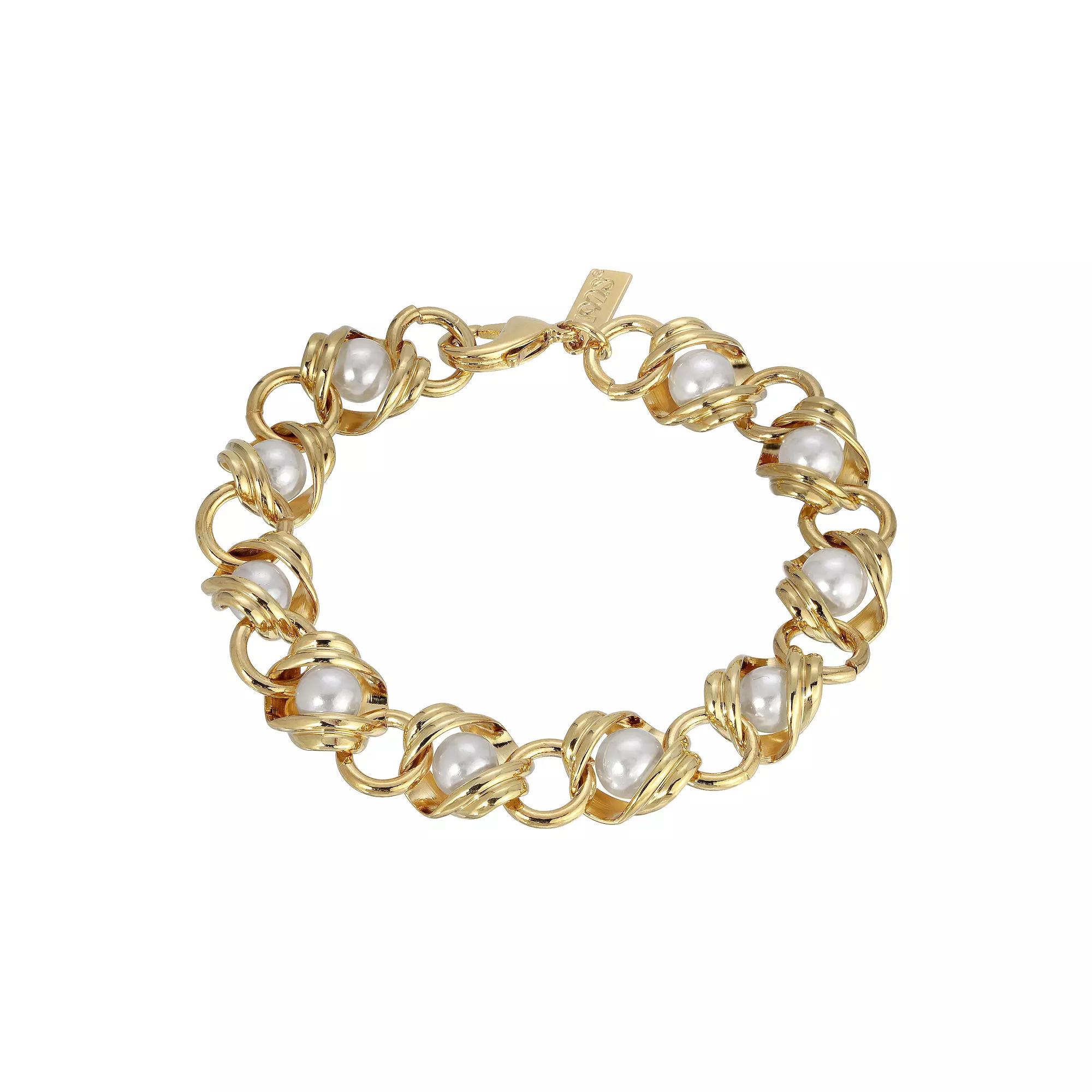 1928 Gold Tone Chain Link Bracelet with Simulated Pearl, Womens, White Product Image