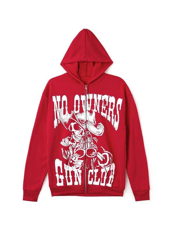 Red Vintage Print Zip Up Oversized Hoodie Product Image