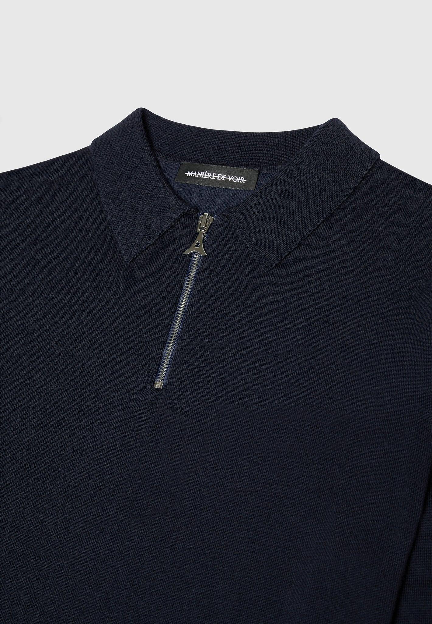 Merino Wool Long Sleeve Polo Top With Zip - Navy Male Product Image
