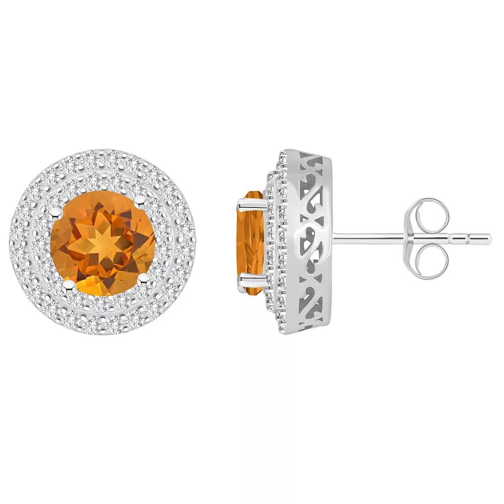 Celebration Gems Sterling Silver Round-Cut Citrine & White Topaz Double Halo Stud Earrings, Women's Product Image