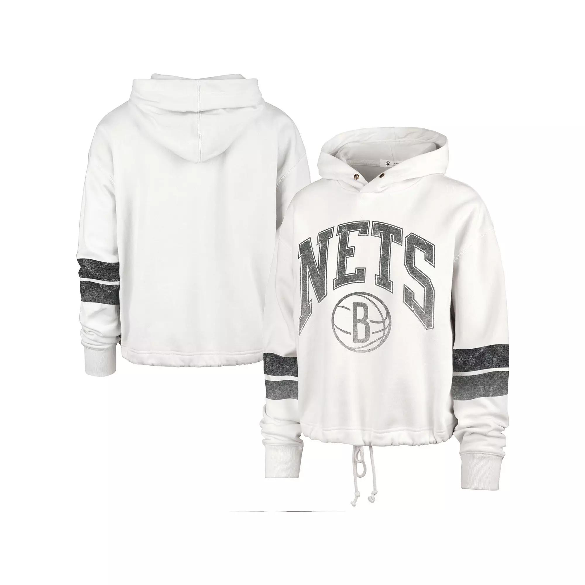 Women's '47 Cream Brooklyn Nets Emerson Stripe Cropped Pullover Hoodie, Size: Large, Beige Product Image