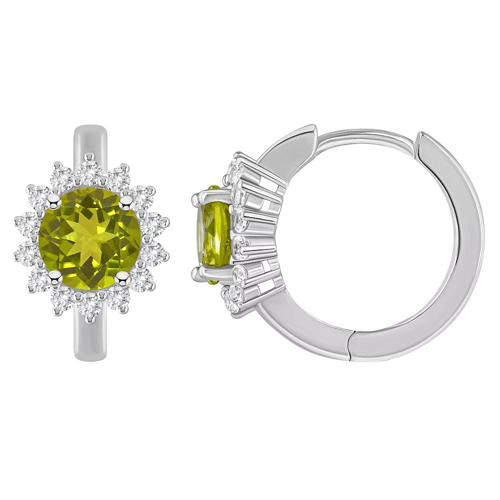 Celebration Gems Sterling Silver Round Gemstone & White Topaz Halo Huggie Hoop Earrings, Women's, Peridot Product Image