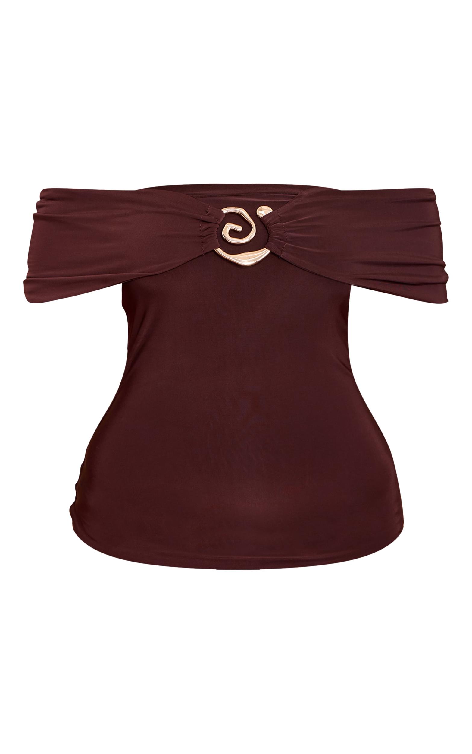 Chocolate Double Layer Slinky Trim Detail Bardot Top Product Image