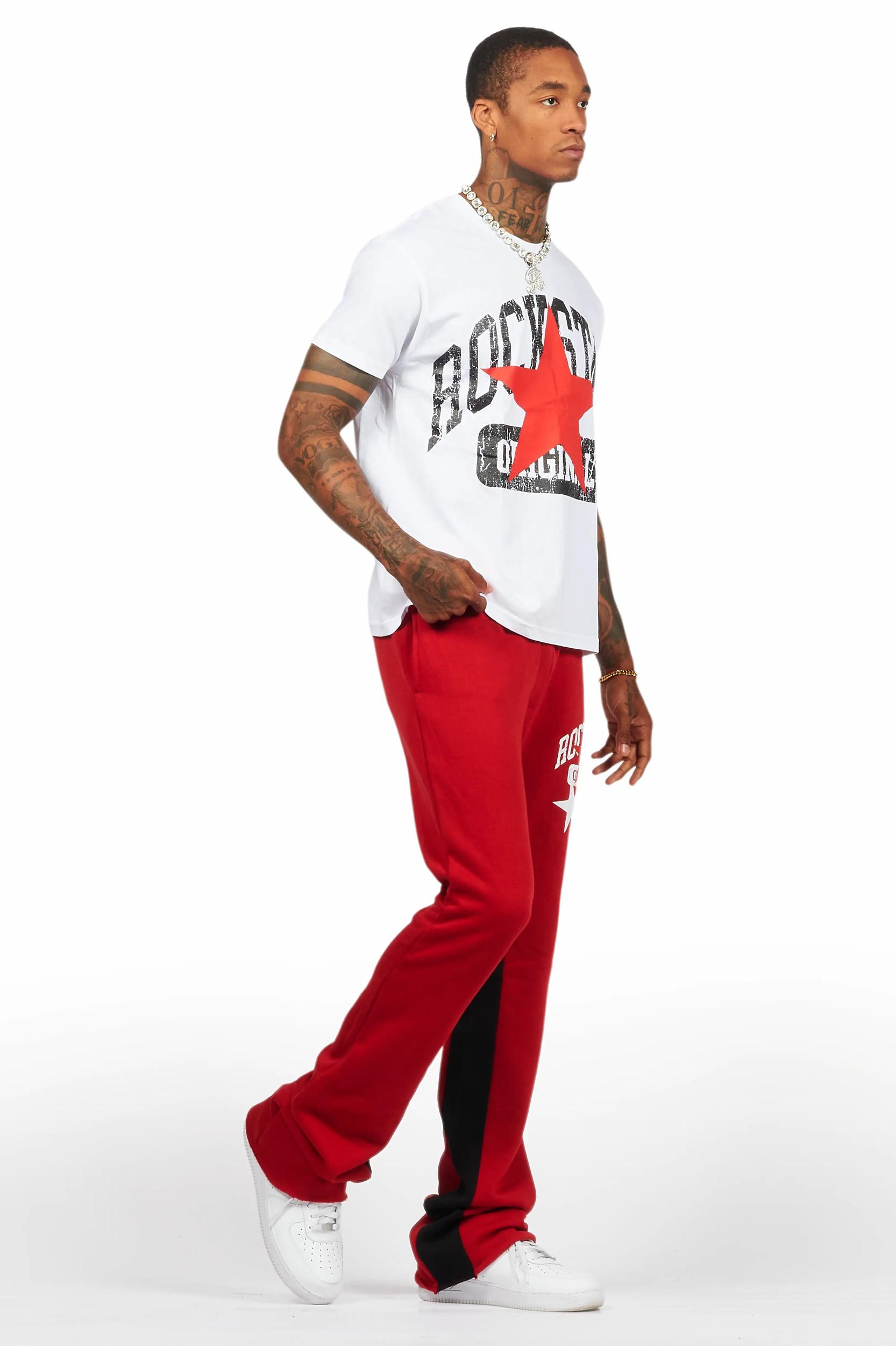 Mallor White/Burgundy T-Shirt/Stacked Baggy Track Pant Set Male Product Image