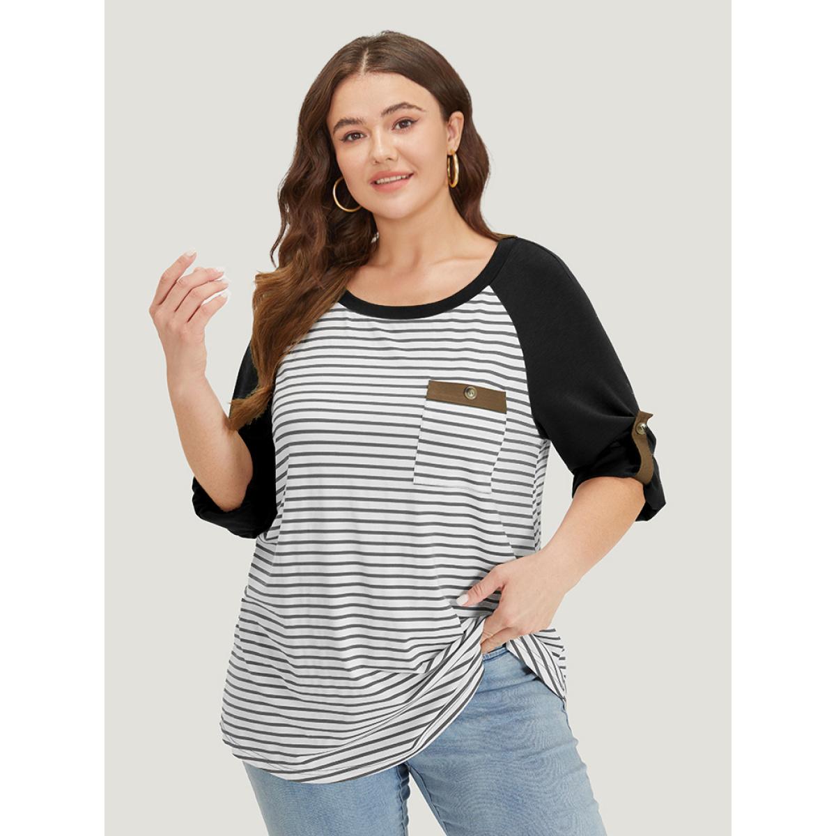 Plus Size Striped Patchwork Patched Pocket Raglan Sleeve T-shirt Gray Women Casual Contrast Striped Round Neck Dailywear T-shirts BloomChic 14-16/1X Product Image