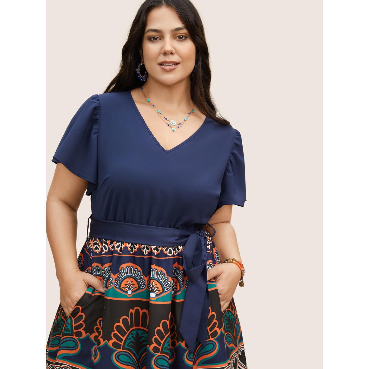 Plus Size Boho Print Patchwork Ruffle Sleeve Dress DarkBlue Women Resort Belted V-neck Short sleeve Curvy BloomChic 12/L Product Image