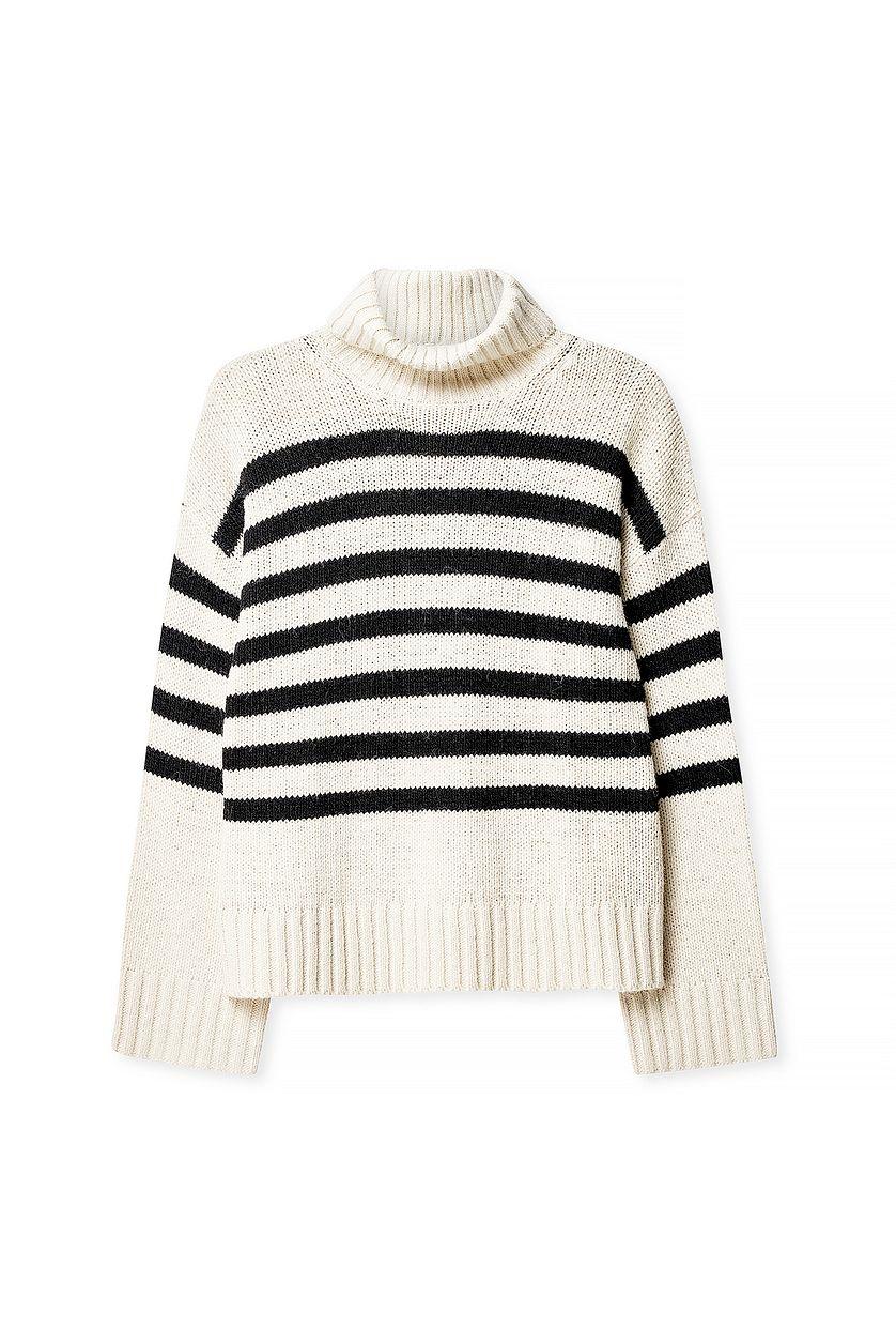 Turtle Neck Knitted Striped Sweater Black Product Image
