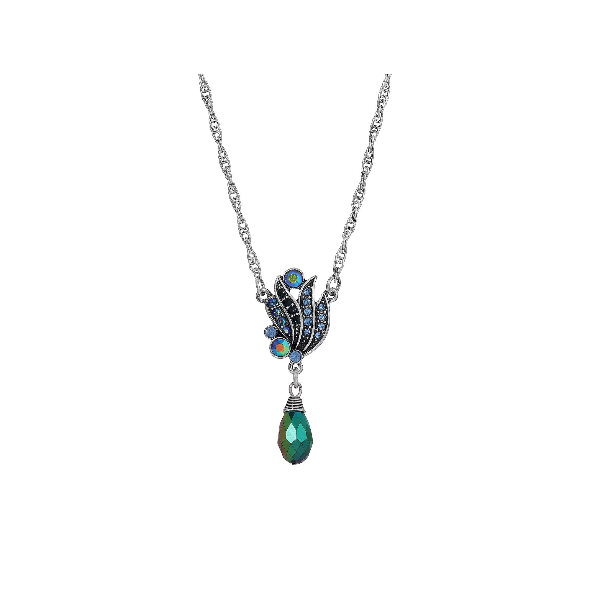 1928 Silver Tone Blue Iridescent Drop Pendant Necklace, Women's Product Image