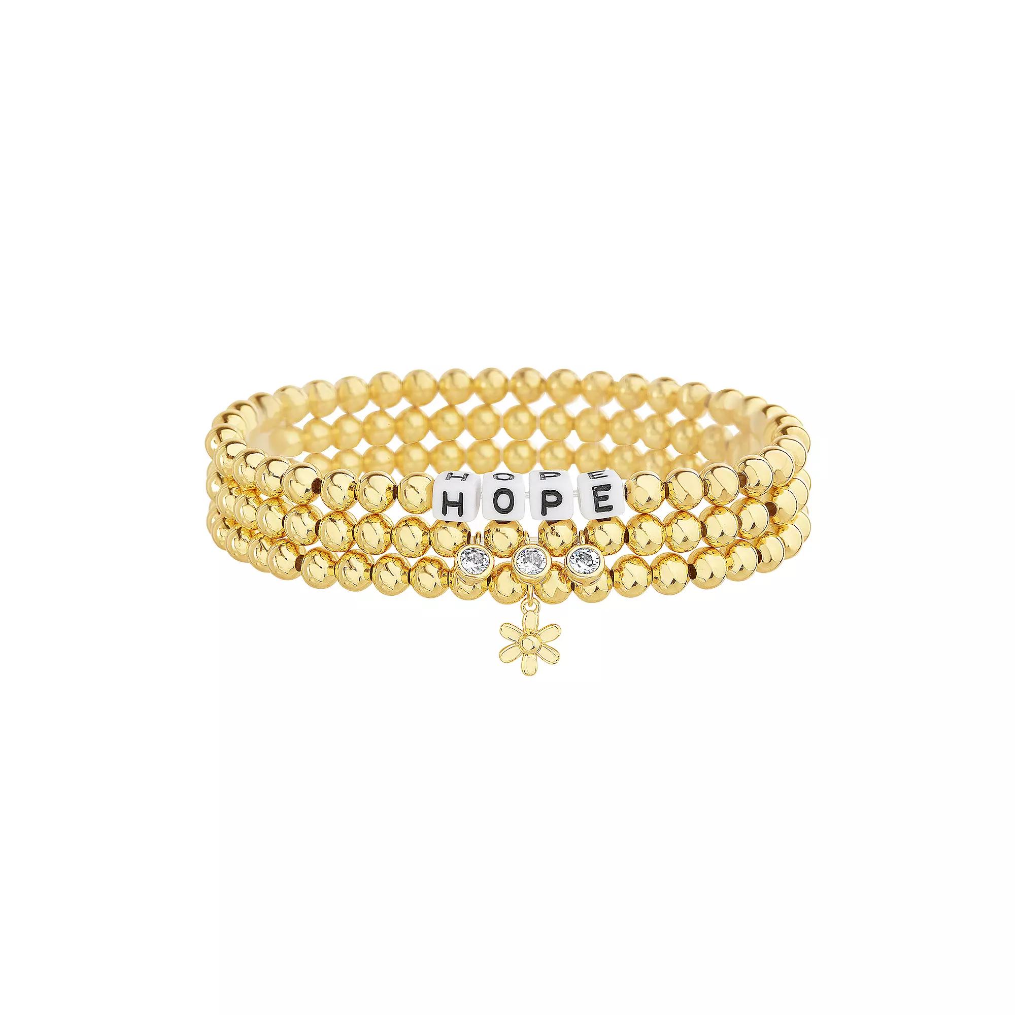 Guided by Faith 14k Gold Plated Beaded Hope 3-Piece Stretch Bracelet Set with Flower & Cubic Zirconia Charms, Womens Gold Tone Product Image