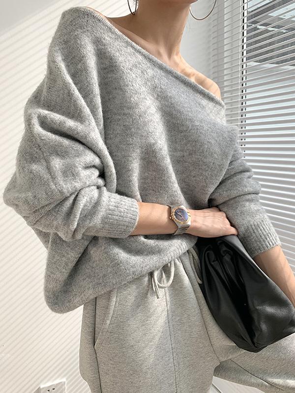 Casual Loose Long Sleeves Solid Color Off-The-Shoulder Sweater Tops Product Image