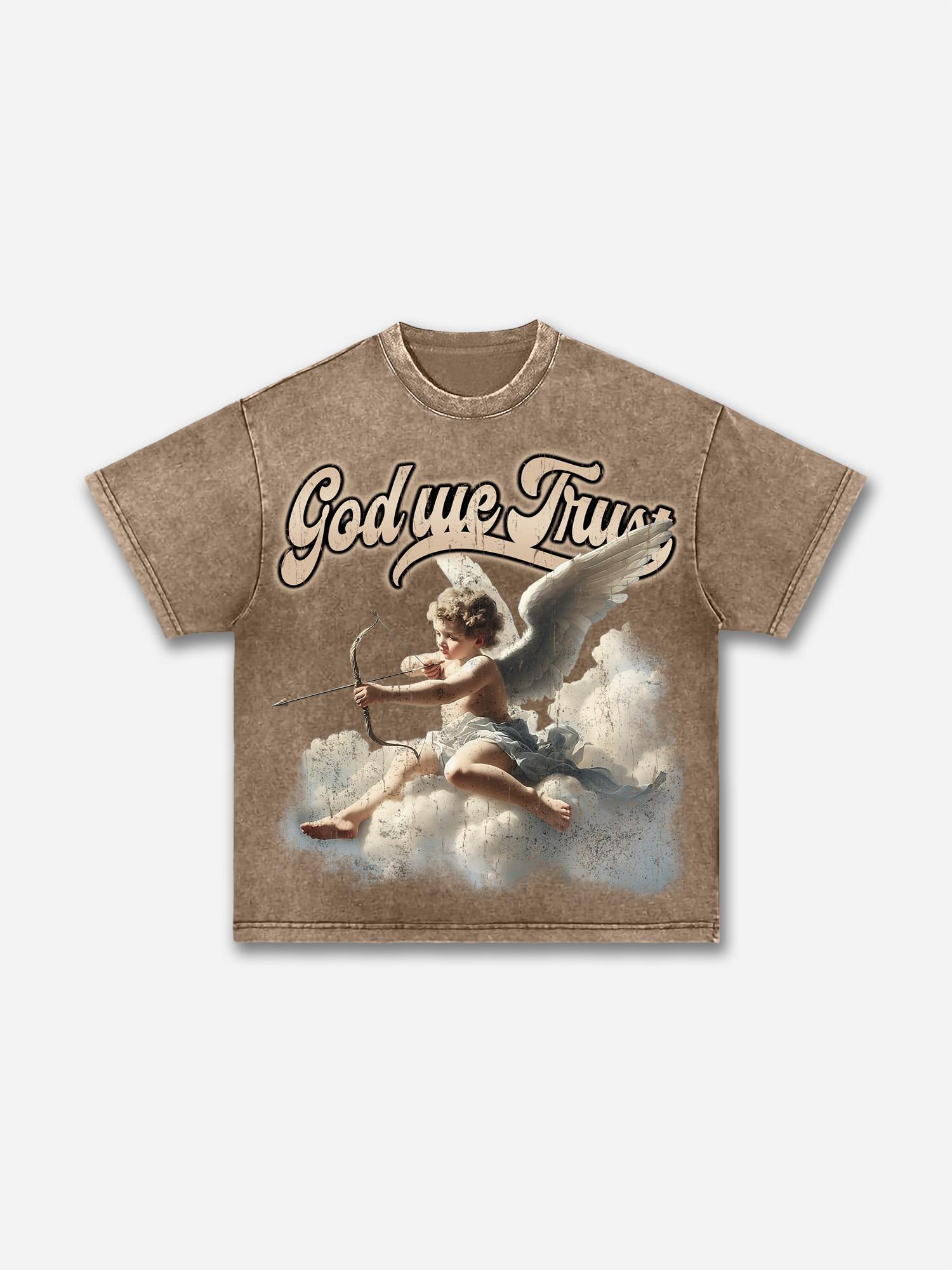 God We Trust Cupid Angel Aged Vintage Graphic Washed T-shirt Product Image