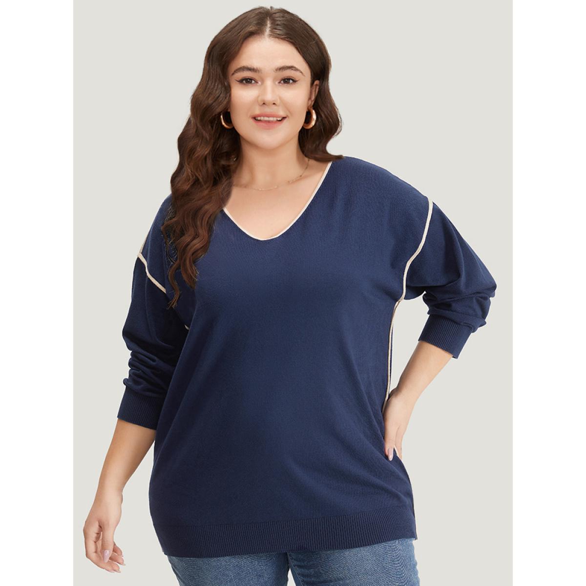Plus Size Supersoft Essentials Contrast Trim Drop Shoulder Pullover Navy Women Casual Loose Long Sleeve V-neck Dailywear Pullovers BloomChic 18-20/2X Product Image