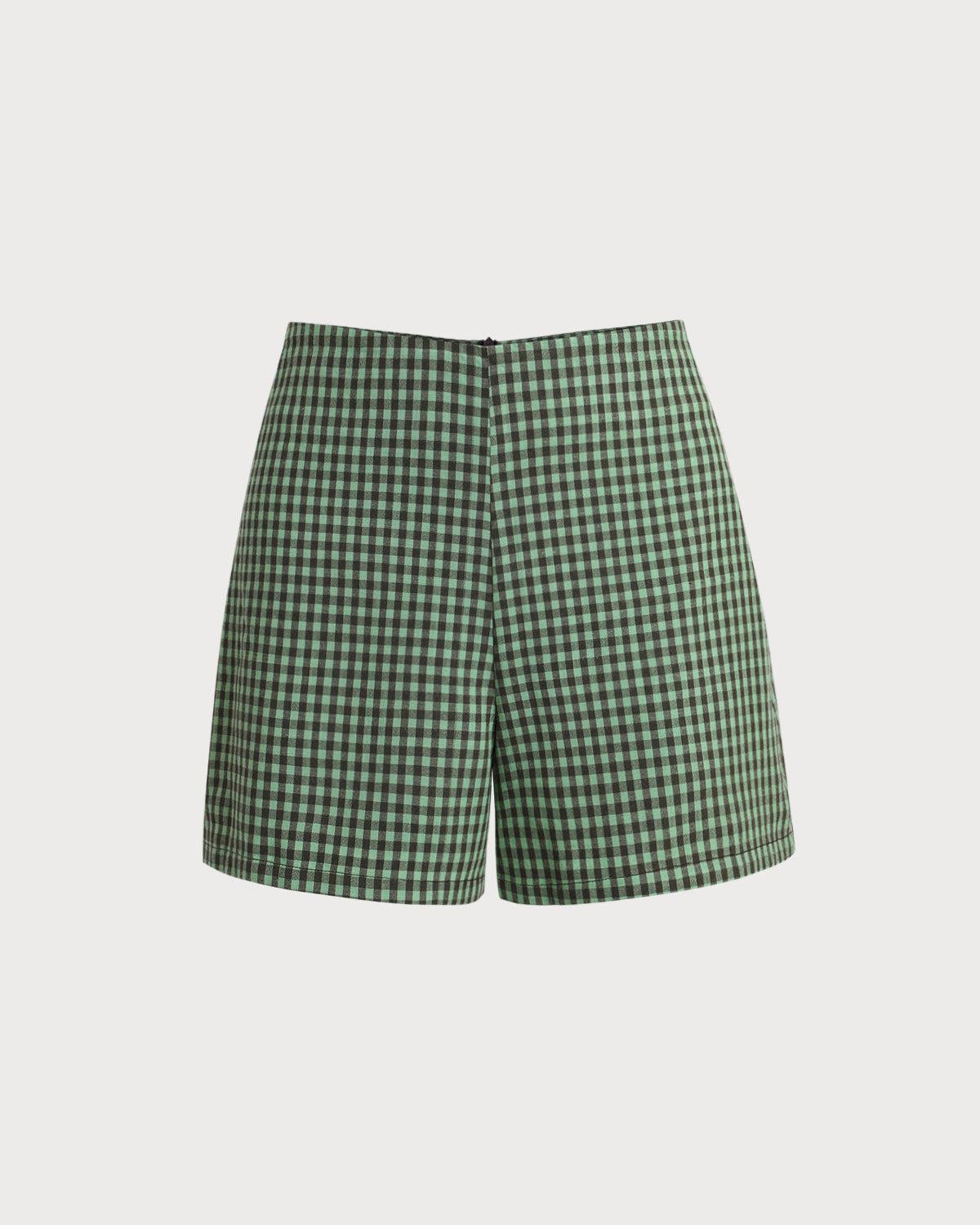 Green High Waisted Plaid Shorts Product Image
