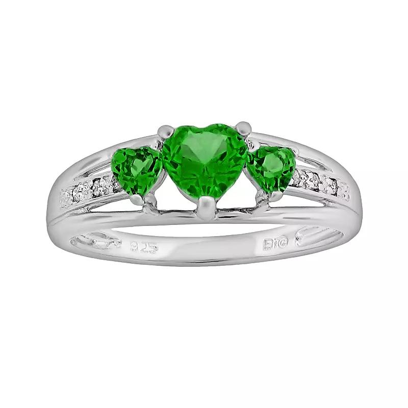 Gemminded Sterling Silver Lab-Created Emerald and Diamond Accent Heart 3-Stone Ring, Women's,  Product Image