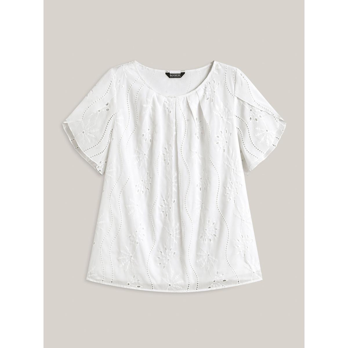 Plus Size WhiteSmoke Embroidered Eyelet Trim Pleated Shirt Women Short sleeve Round Neck Everyday-Elegant Blouses BloomChic 12/L Product Image