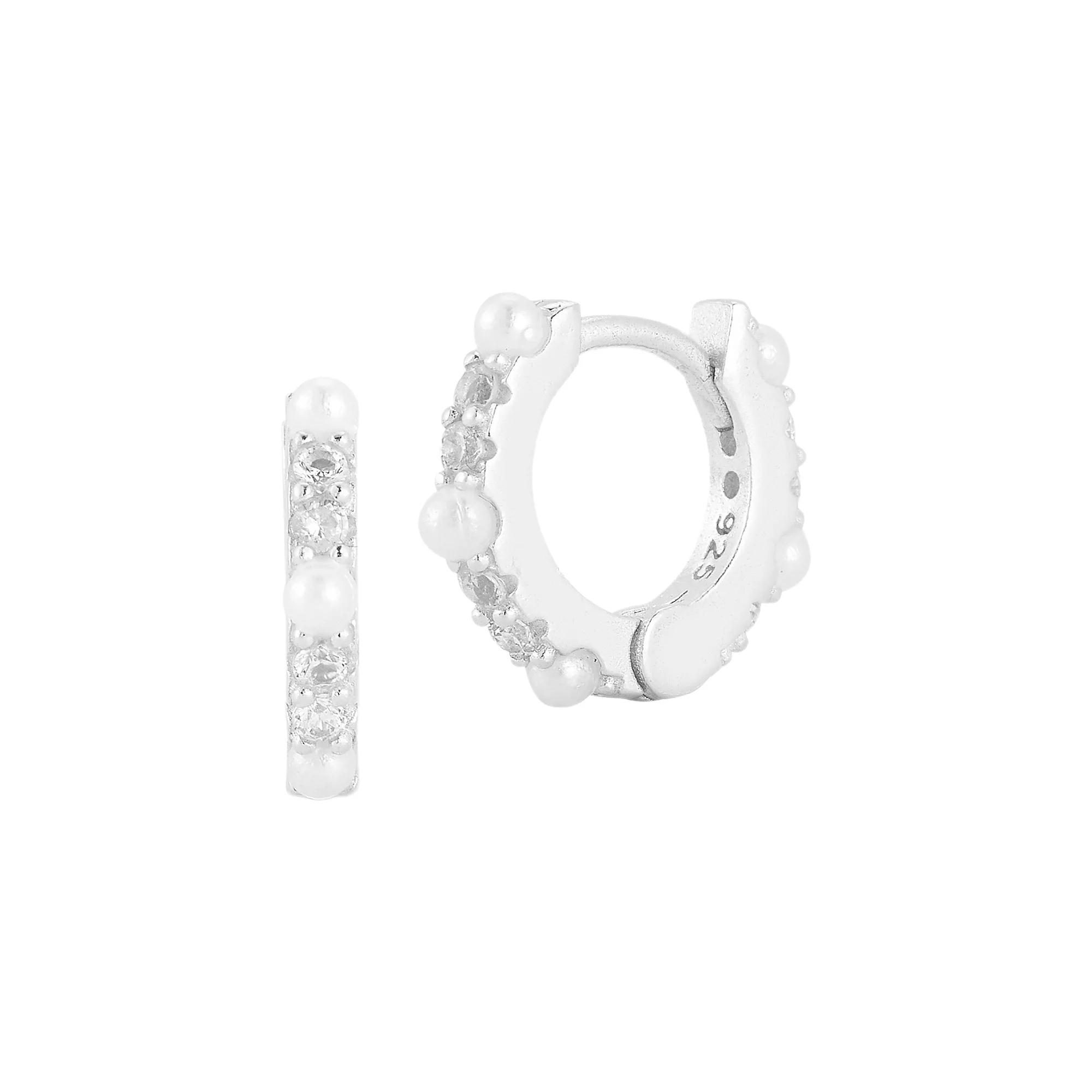 Sunkissed Sterling Sterling Silver Cubic Zirconia and Cultured Pearl Huggie Earrings, Women's, Silver Tone Product Image