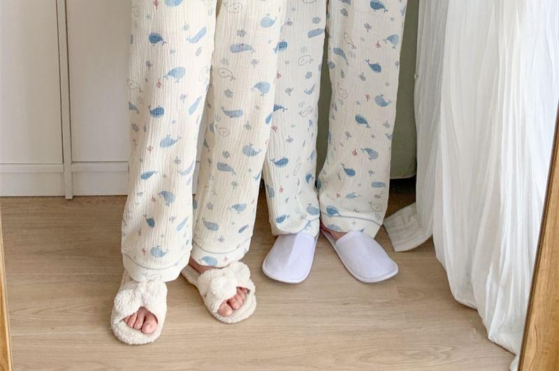 Couple Matching Pajama Set: Long-Sleeve Whale Print Top + Pants Product Image