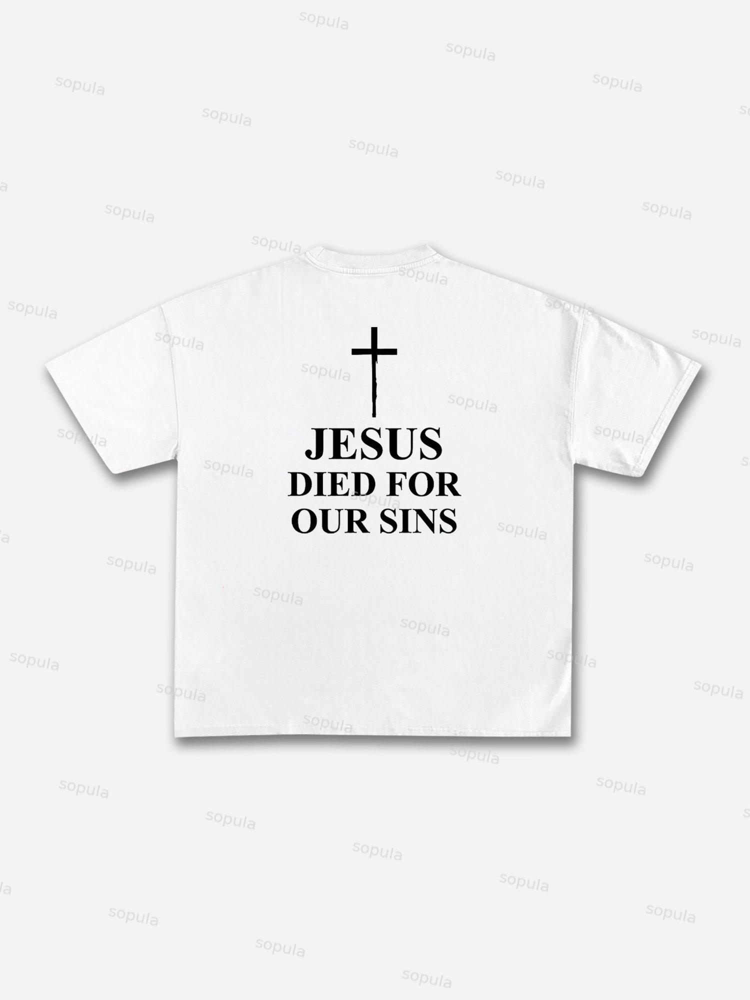 Thorn Neckline Jesus Alphabet Graphic Cotton T-shirt Product Image