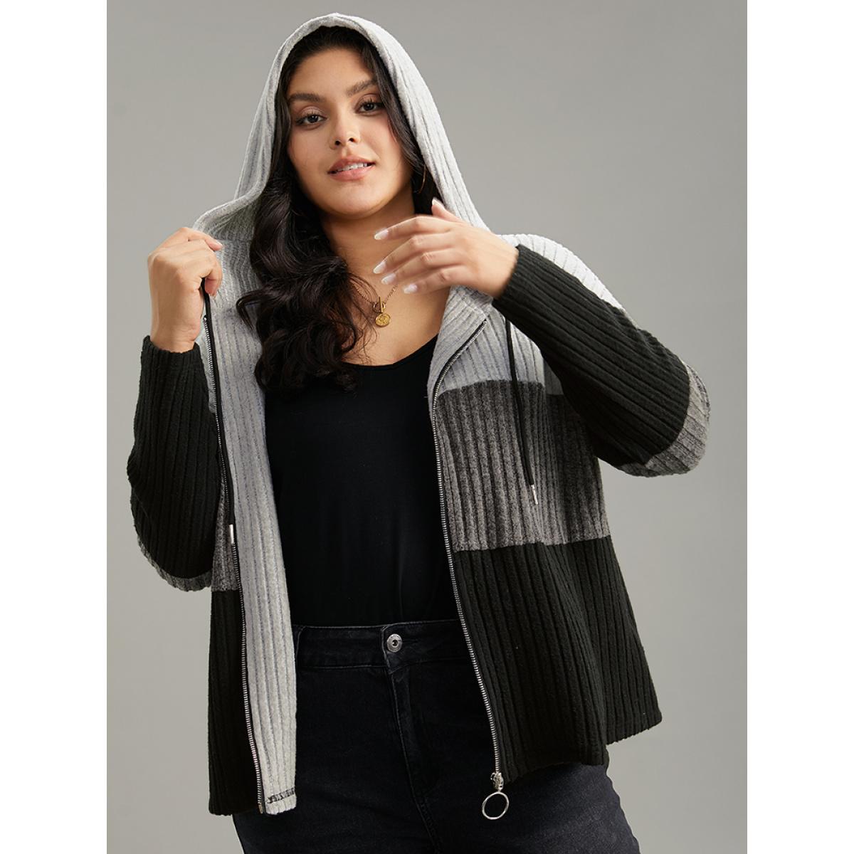 Plus Size Colorblock Contrast O Ring Zipper Jacket Women Gray Contrast Dailywear Jackets BloomChic 12/L Product Image