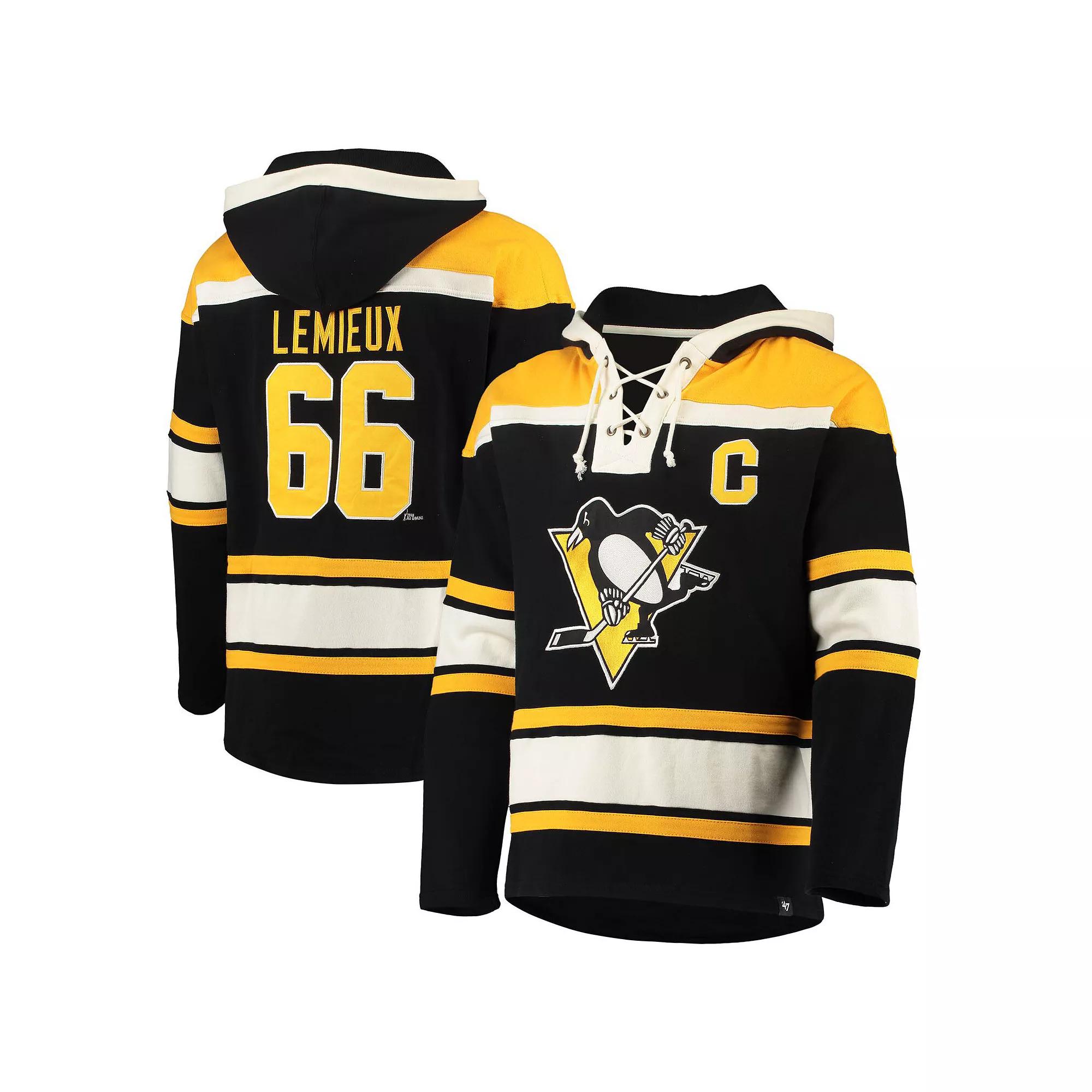 Men's '47 Mario Lemieux Black Pittsburgh Penguins Retired Player Name & Number Lacer Pullover Hoodie, Size: Large Product Image