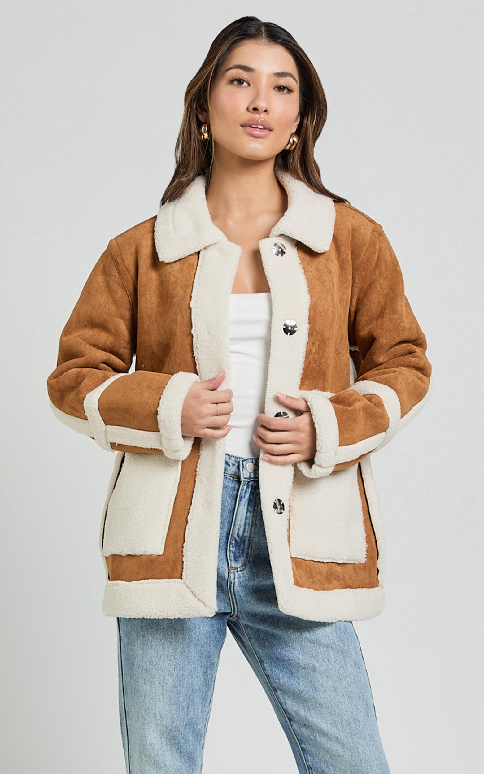 Shelley Coat - Faux Shearling Aviator Coat in Brown Product Image