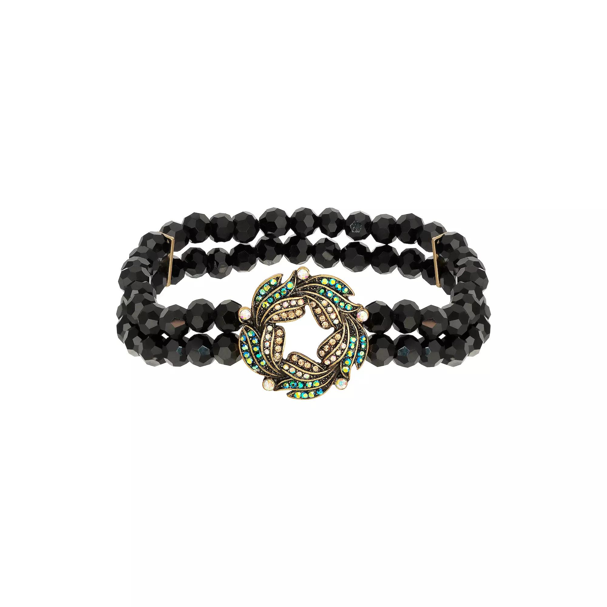 1928 Gold Tone Iridescent Glass Stone Wreath and Black Bead Bracelet, Womens Product Image