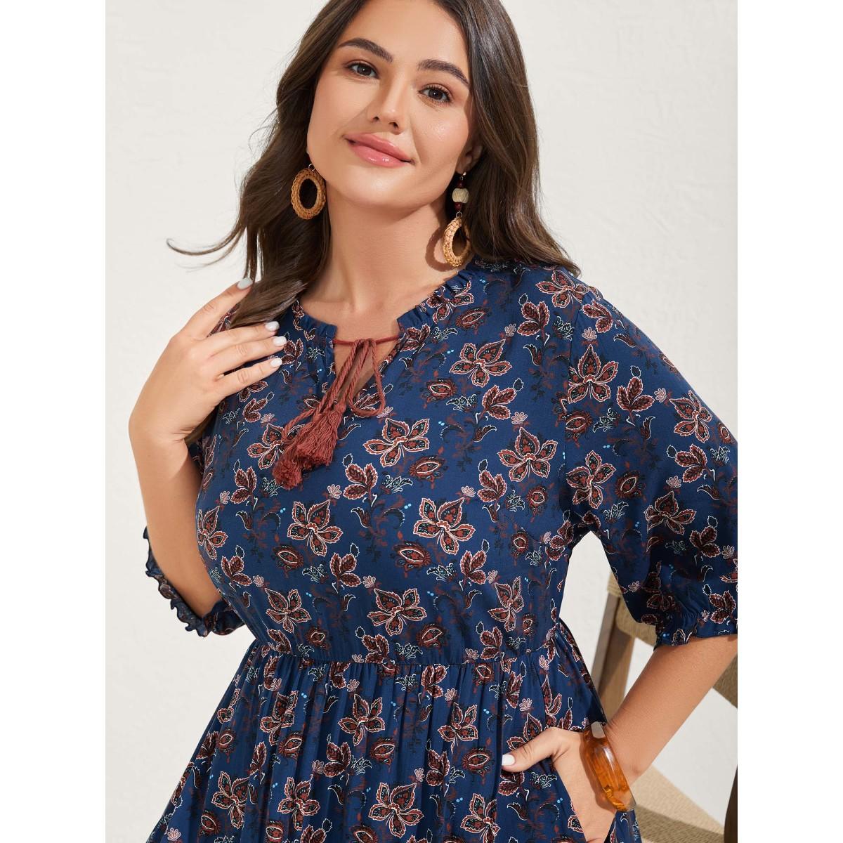 Plus Size Boho Floral Neck Tie Midi Dress DarkBlue Women Boho Notched collar Half Sleeve Curvy BloomChic 30/6X Product Image