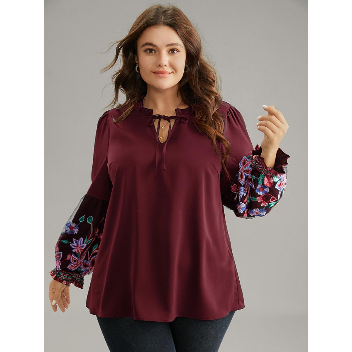 Plus Size Scarlet Floral Embroidered Mesh Tie Neck Ruffles Blouse Women Elegant Long Sleeve Tie Neck Party Blouses BloomChic 10/M Product Image