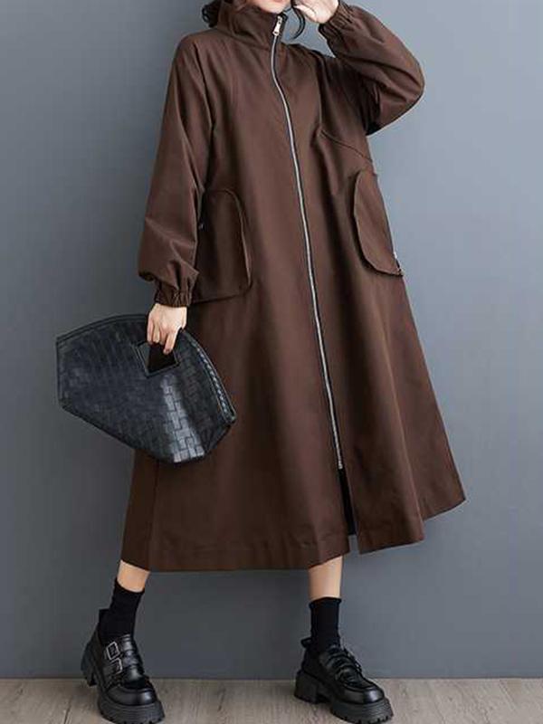 Long Sleeves Loose Elasticity Pockets Split-Joint Zipper High Neck Outerwear Trench Coats Product Image