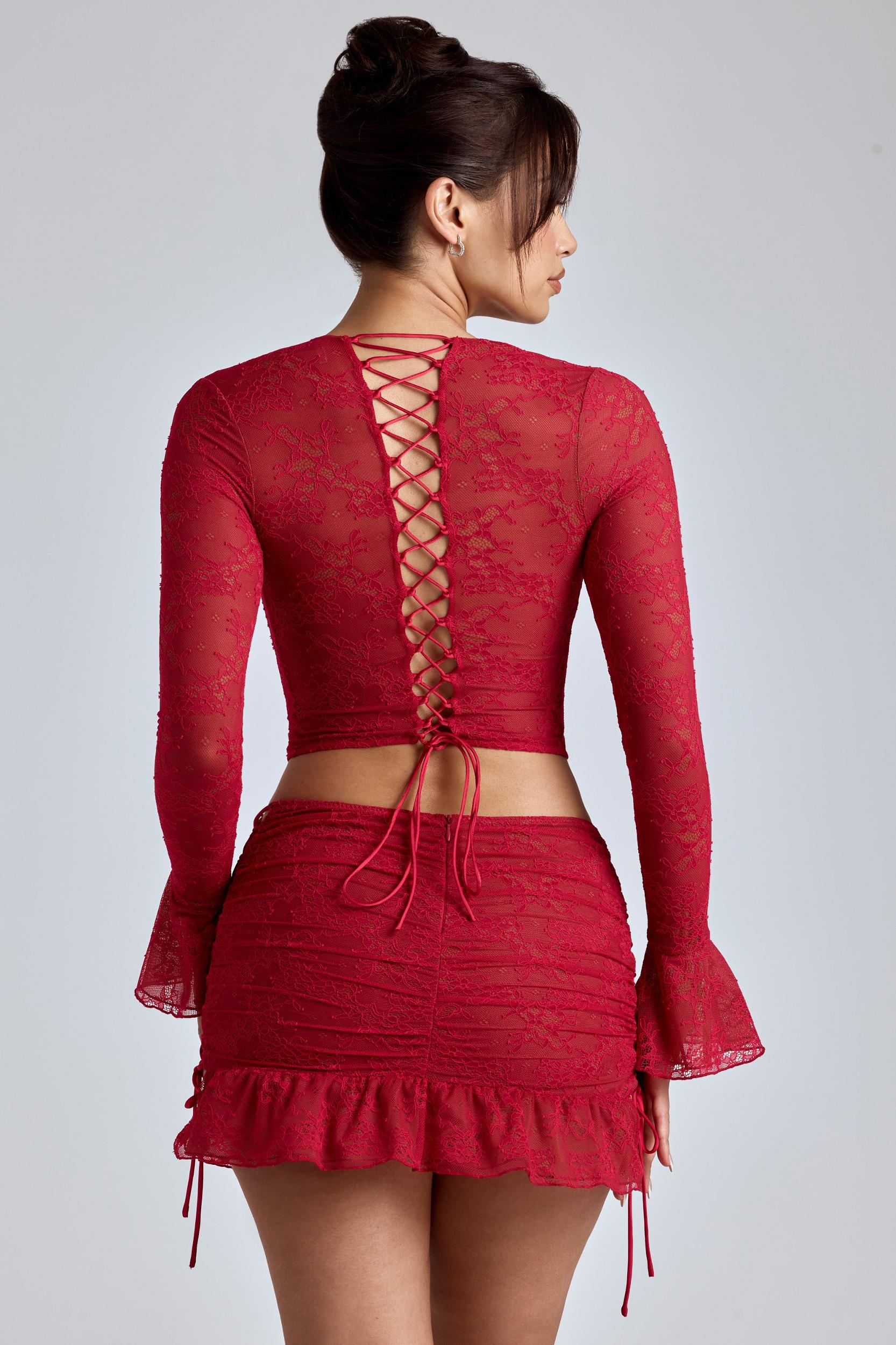 Lace Ruffle Mini Skirt in Cherry Red Product Image