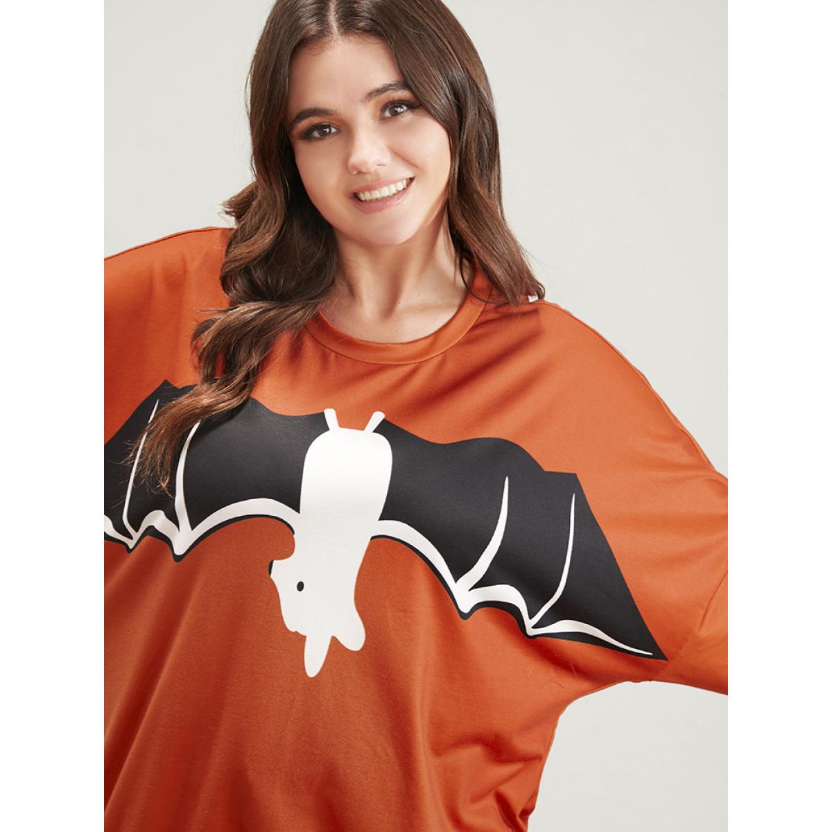 Plus Size Halloween Bat Print Round Neck Drop Shoulder Sweatshirt Women Orange Casual Printed Round Neck Festival-Halloween Sweatshirts BloomChic 30/6X Product Image