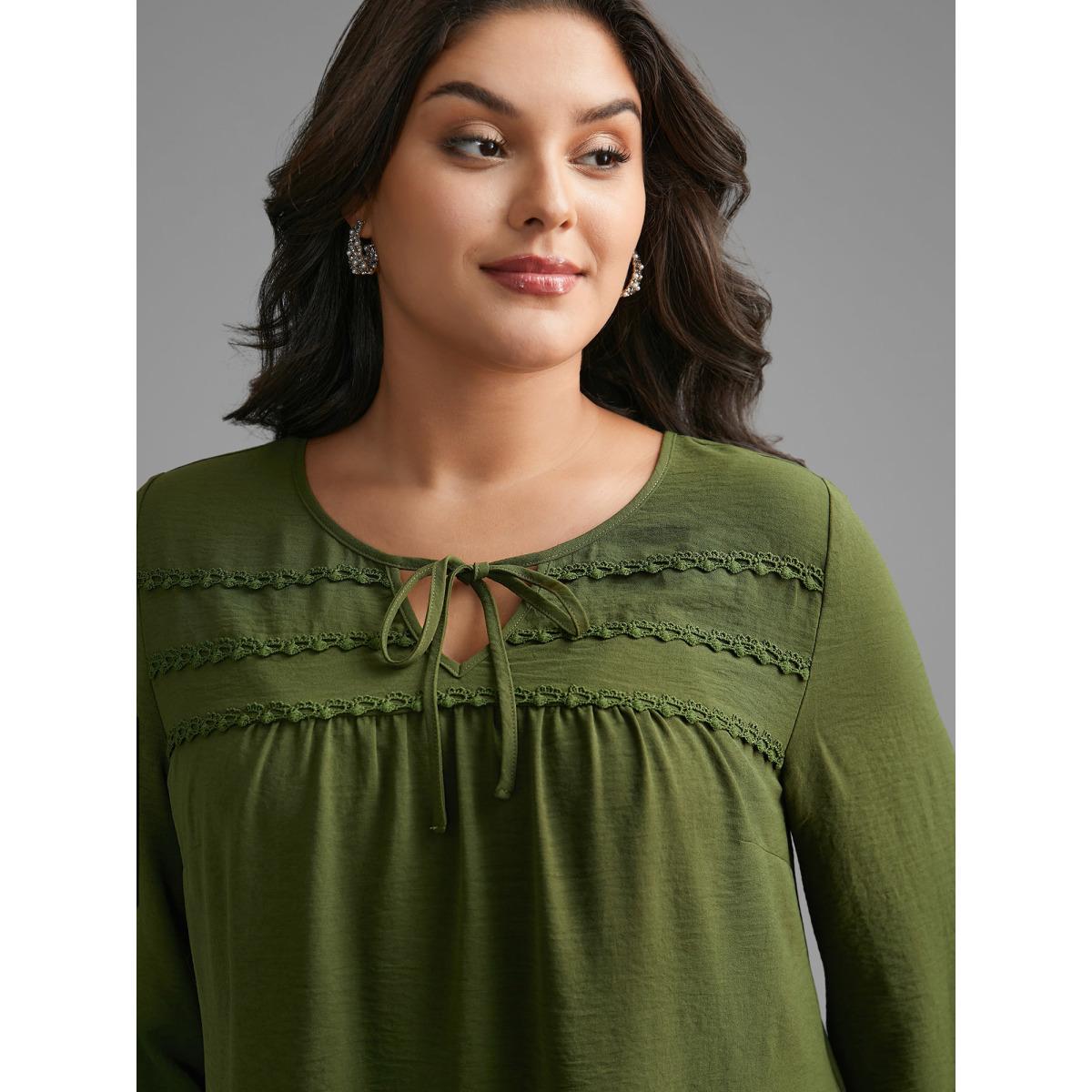 Plus Size ArmyGreen Woven Ribbon Tie Knot Gathered Blouse Women Elegant Elbow-length sleeve V-neck Everyday Blouses BloomChic 14-16/1X Product Image