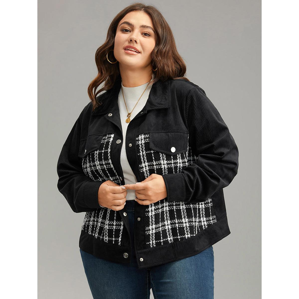 Plus Size Plaid Metal Detail Patchwork Shacket Women Black Elegant Texture Ladies Everyday Winter Coats BloomChic 10/M Product Image