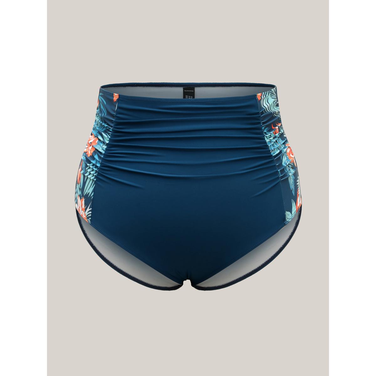 Plus Size Tropical Print Ruched Swim Bottoms Women's Swimwear Indigo Resort Gathered High stretch Skinny High Rise Curve Swim Bottoms BloomChic 18-20/2X Product Image