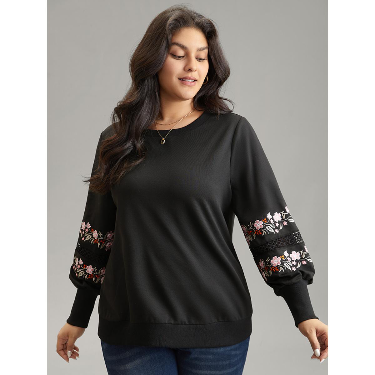 Plus Size Floral Embroidered Lace Insert Sweatshirt Women Black Elegant Lace Round Neck Dailywear Sweatshirts BloomChic 14-16/1X Product Image
