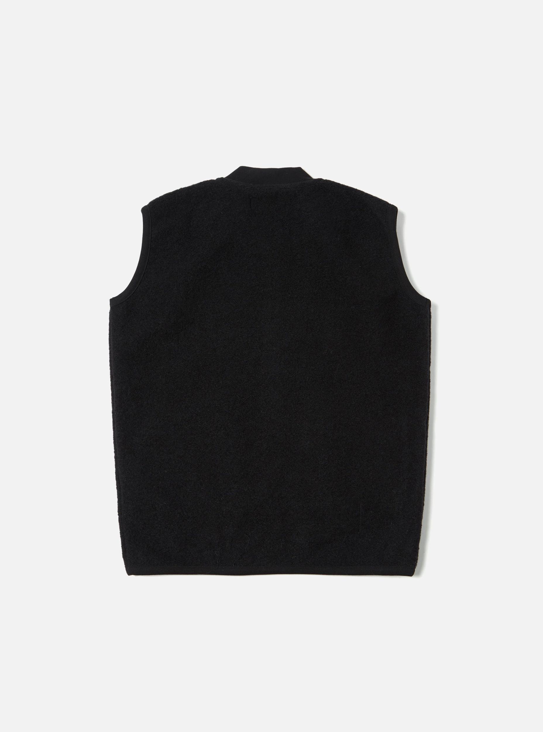 Universal Works Zip Waistcoat in Black Wool Fleece Product Image