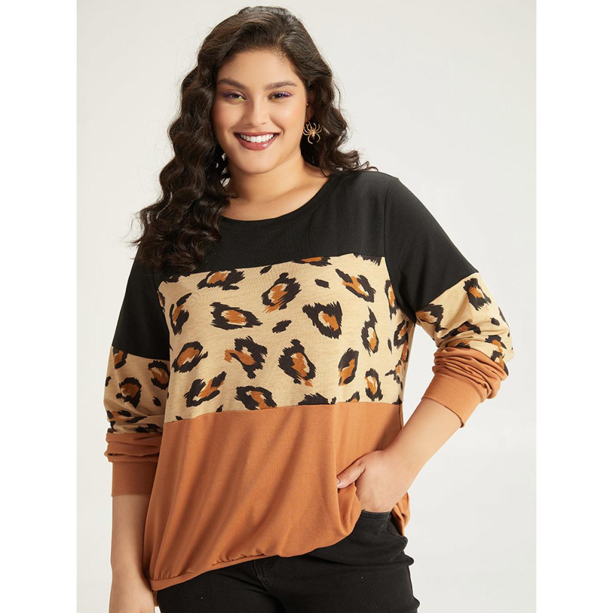 Plus Size Halloween Leopard Patchwork Contrast Sweatshirt Women Multicolor Casual Contrast Round Neck Festival-Halloween Sweatshirts BloomChic 12/L Product Image