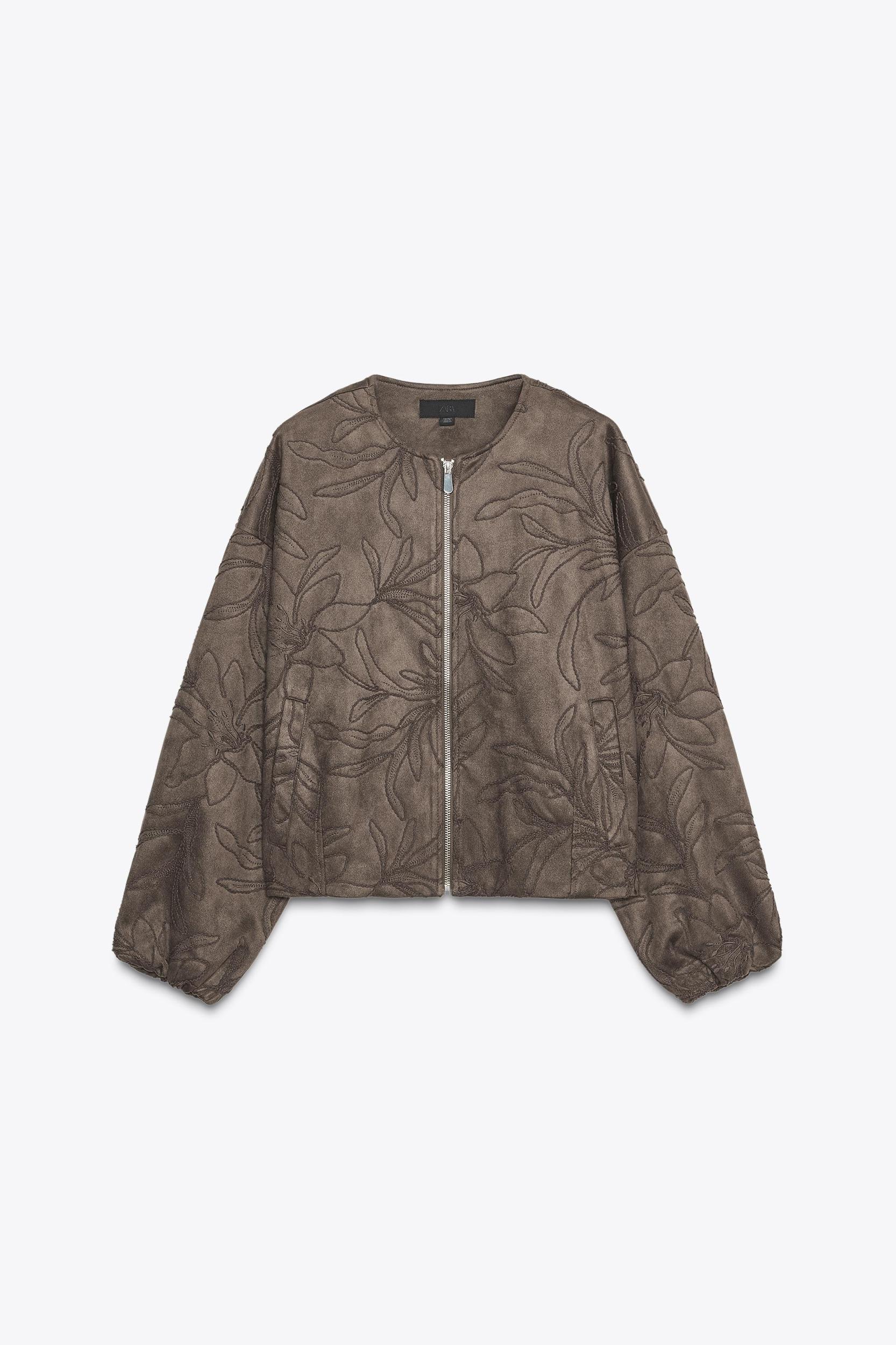 EMBROIDERED FAUX SUEDE BOMBER JACKET Product Image