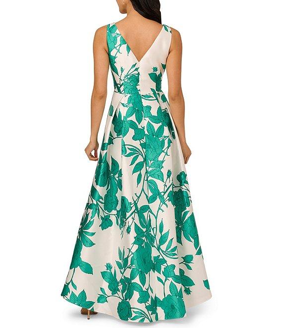 Adrianna Papell V-Neck Sleeveless Pleated Skirt Floral Print Twill High Low Fit & Flare Midi Dress Product Image