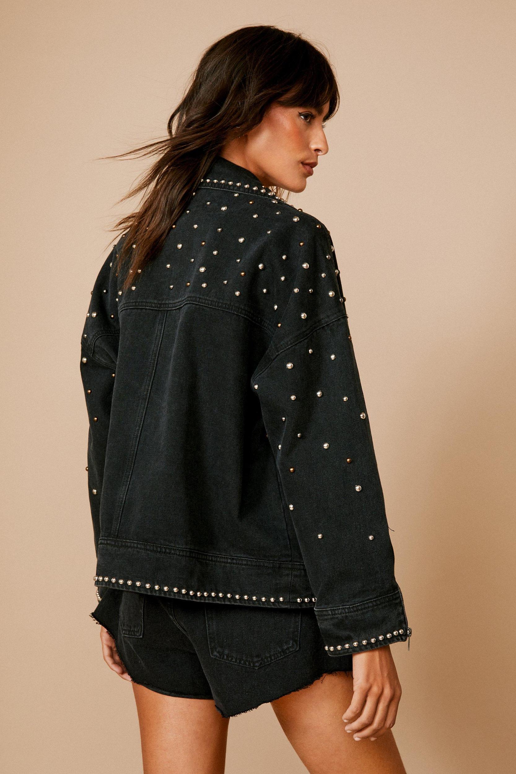 Premium Embellished Studded Denim Moto Jacket Product Image